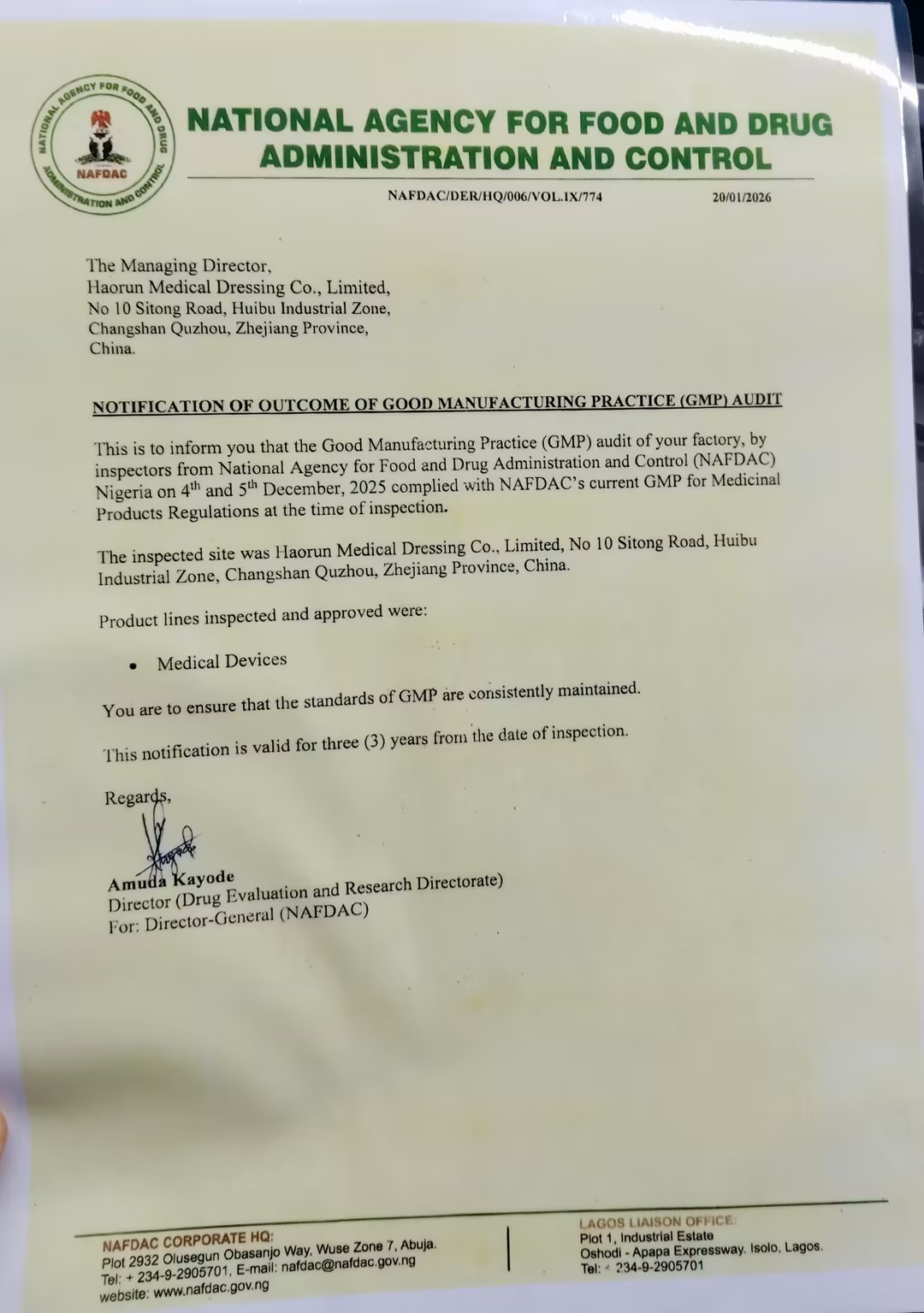 Produk Kedokteran Haorun Resmi Nampa Sertifikasi Registrasi NAFDAC ing Nigeria